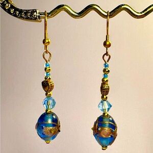 Earrings Pierced Handcrafted Unique Design Women’s Embellished/Faceted Blue/Gold